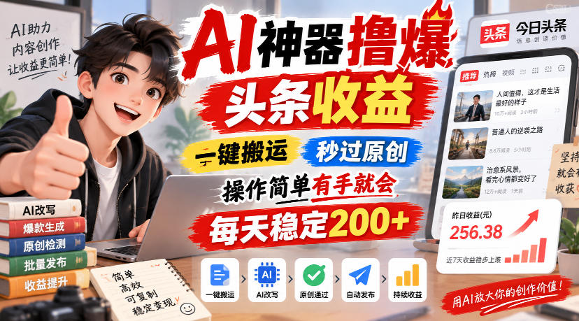 AI神器撸爆头条收益，一键搬运，秒过原创，操作简单有手就会，每天稳定200+【揭秘】-吾爱云课堂