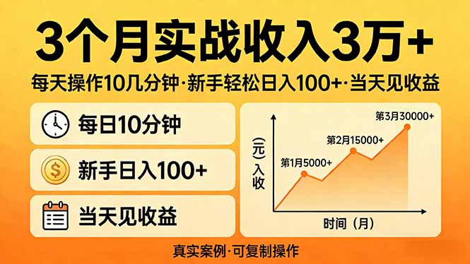 3个月实战收入3万+，每天操作10几分钟，新手轻松日入100+，当天见收益-吾爱云课堂