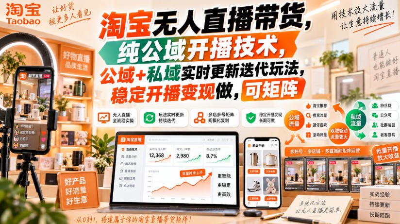 淘宝无人直播带货，纯公域开播技术，公域+私域实时更新迭代玩法，稳定开播变现做，可矩阵【揭秘】-吾爱云课堂