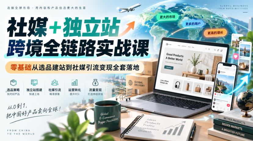社媒+独立站跨境全链路实战课｜零基础从选品建站到社媒引流变现全套落地-吾爱云课堂