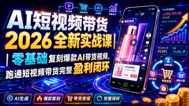 AI短视频带货2026全新实战课|零基础复刻爆款AI带货视频,跑通短视频带货完整盈利闭环-吾爱云课堂