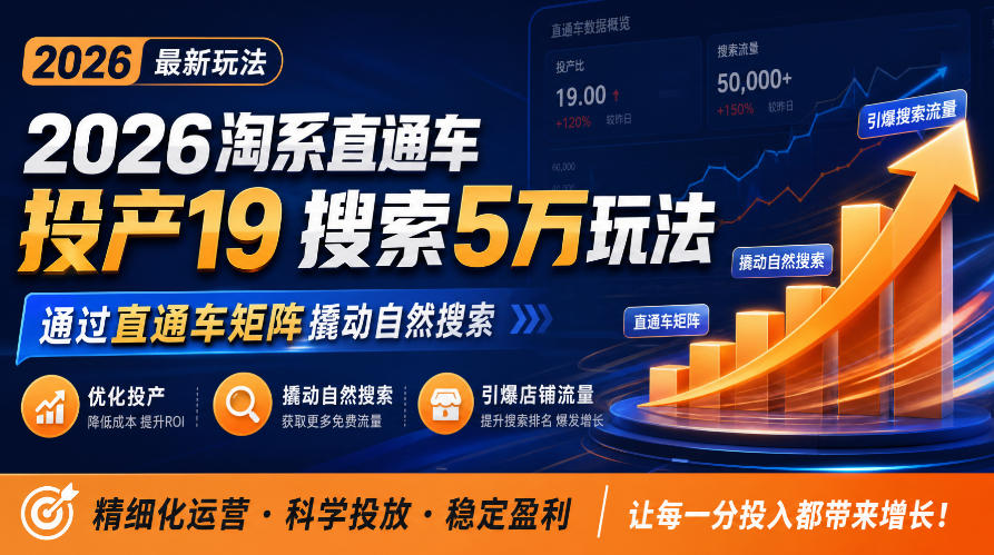 2026淘系直通车投产19搜索5万玩法，通过直通车矩阵撬动自然搜索，帮助商家优化投产，引爆店铺搜索流量-吾爱云课堂