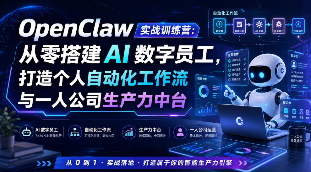 OpenClaw实战训练营：从零搭建AI数字员工，打造个人自动化工作流与一人公司生产力中台-吾爱云课堂