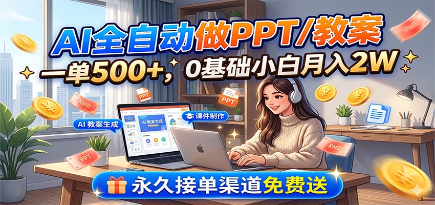 AI全自动做PPT/教案，一单500+，0基础小白月入2W，永久接单渠道免费送-吾爱云课堂