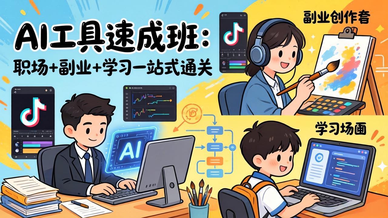 AI工具速成班：职场+副业+学习一站式通关，20+爆款类型+剪映技巧+抖音算法，0基础快速上手-吾爱云课堂