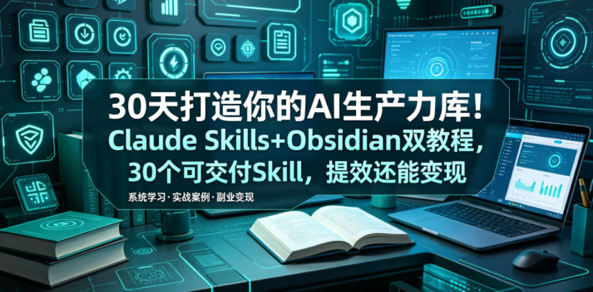 30天打造你的AI生产力库！Claude Skills+Obsidian 双教程，30 个可交付 Skill，提效还能变现-吾爱云课堂