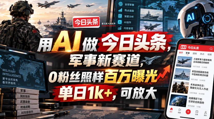 用AI做今日头条，军事新赛道，0粉丝照样百万曝光，单日1k+，可放大-吾爱云课堂