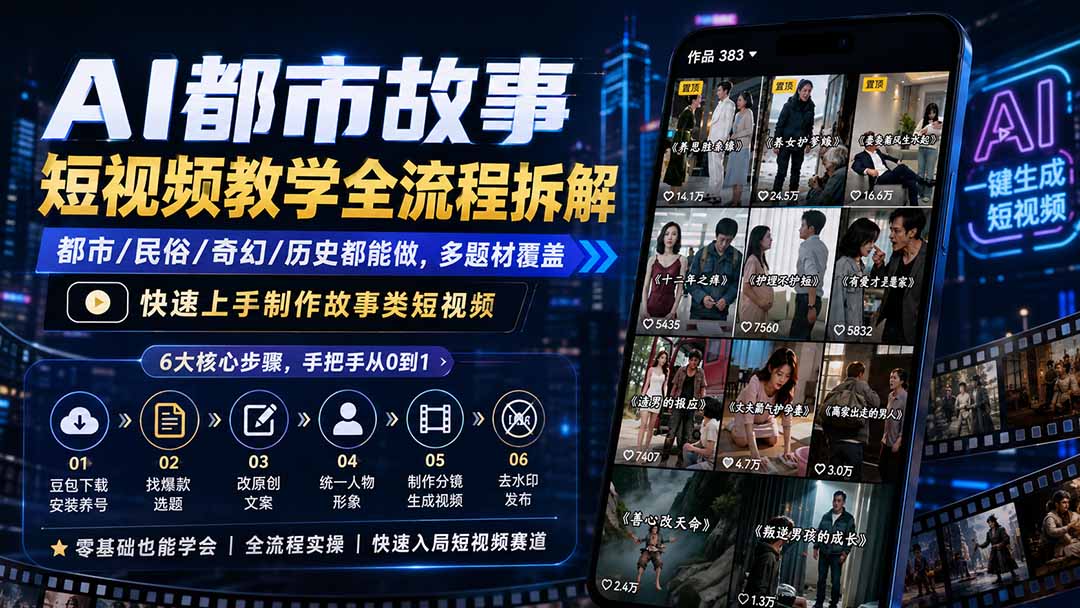 AI都市故事短视频教学全流程拆解；都市/民俗/奇幻/历史都能做多题材覆盖，快速上手制作故事类短视频-吾爱云课堂