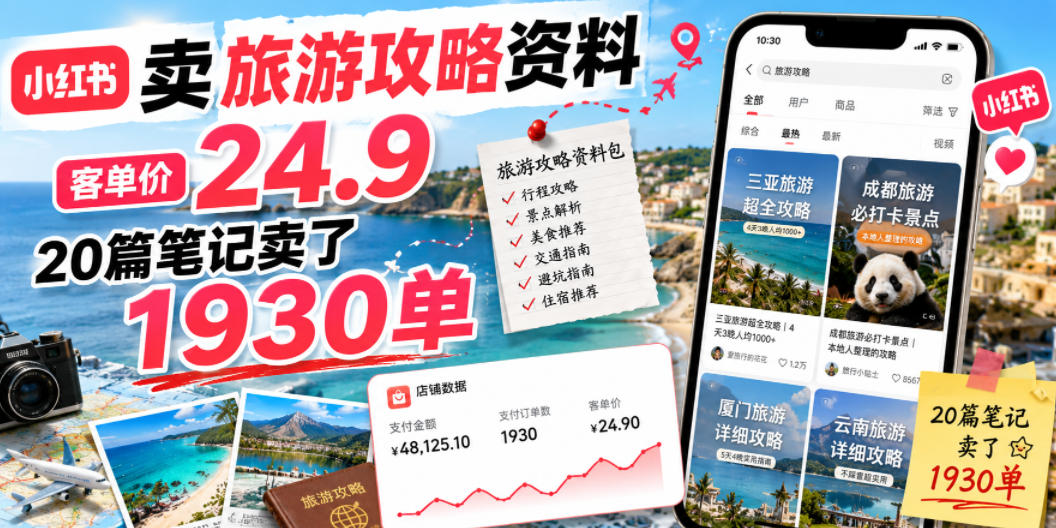 小红书卖旅游攻略资料，客单价24.9，20篇笔记卖了1930单！-吾爱云课堂