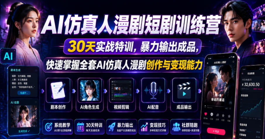 AI仿真人漫剧短剧训练营，30天实战特训，暴力输出成品，快速掌握全套AI仿真人漫剧创作与变现能力-吾爱云课堂
