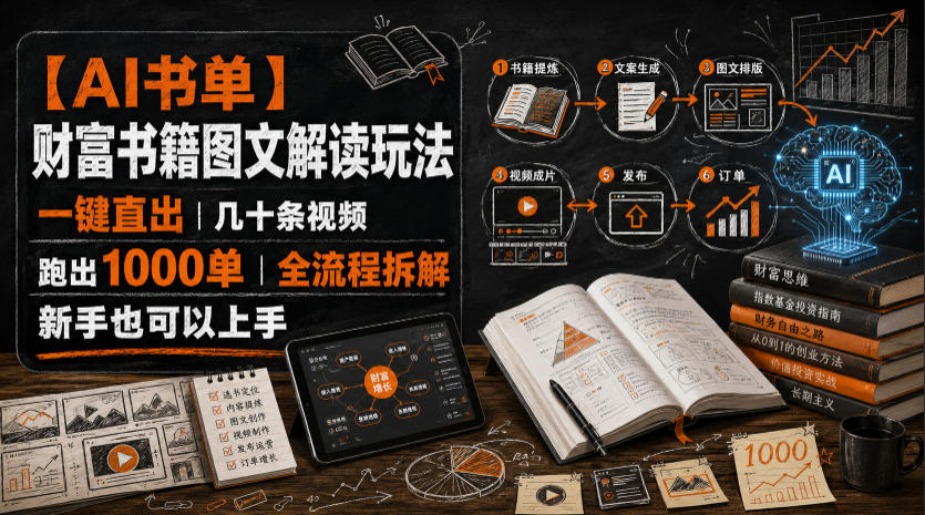 【AI书单】财富书籍图文解读玩法，一键直出，几十条视频，跑出1000单，全流程拆解，新手也可以上手-吾爱云课堂