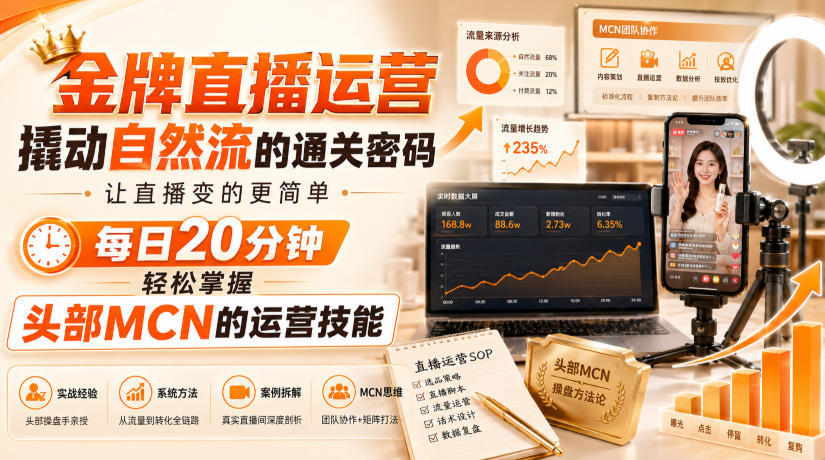 金牌直播运营撬动自然流的通关密码，让直播变的更简单，每日20分钟，轻松掌握头部MCN的运营技能-吾爱云课堂