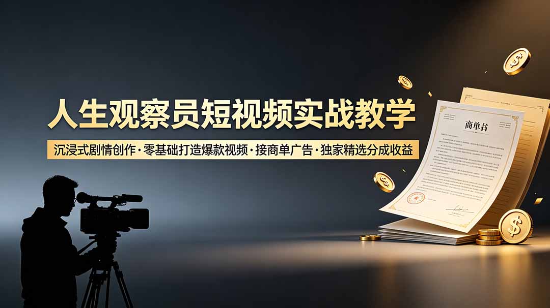 人生观察员短视频实战教学，沉浸式剧情创作，零基础打造爆款视频，接商单广告，独家精选分成收益-吾爱云课堂