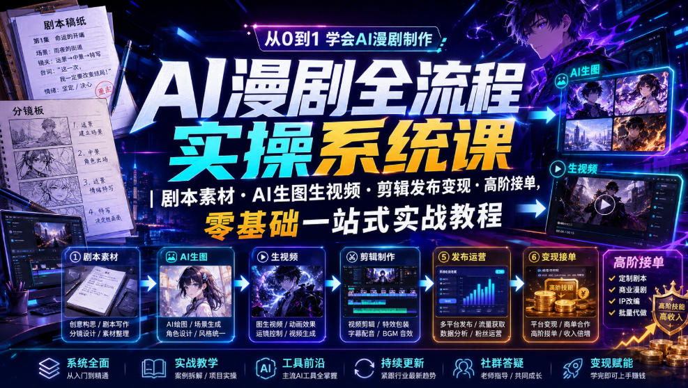 AI漫剧全流程实操系统课|剧本素材・AI生图生视频・剪辑发布变现・高阶接单,零基础一站式实战教程-吾爱云课堂