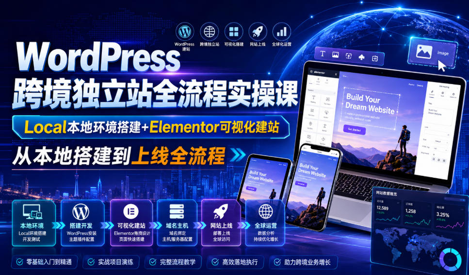 WordPress跨境独立站全流程实操课｜Local本地环境搭建+Elementor可视化建站，从本地搭建到上线全流程-吾爱云课堂