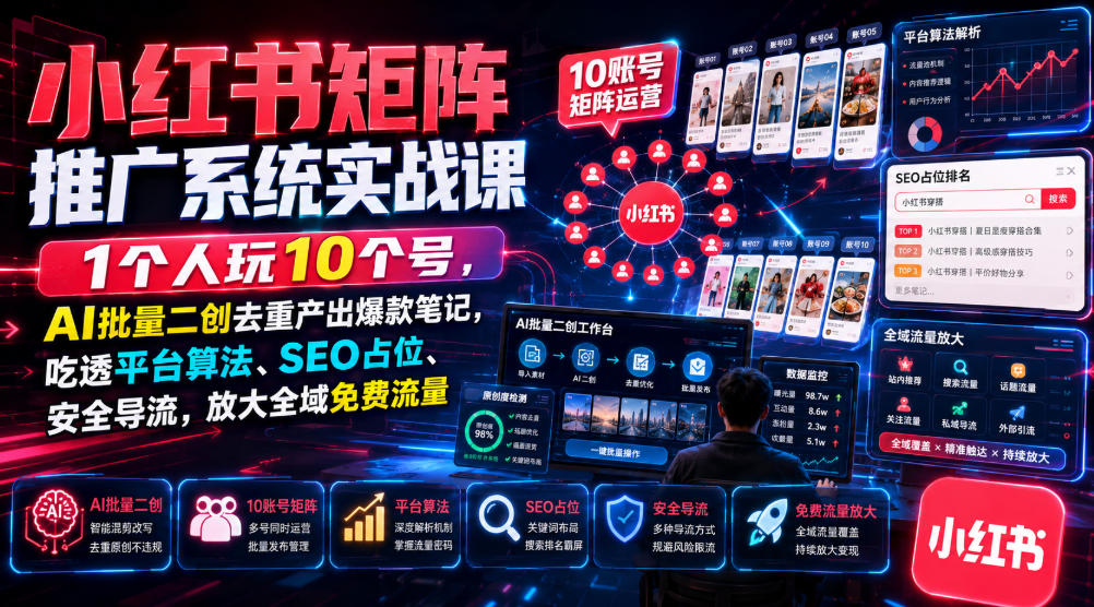 小红书矩阵推广系统实战课|1个人玩10个号,AI批量二创去重产出爆款笔记,吃透平台算法、SEO占位、安全导流,放大全域免费流量-吾爱云课堂