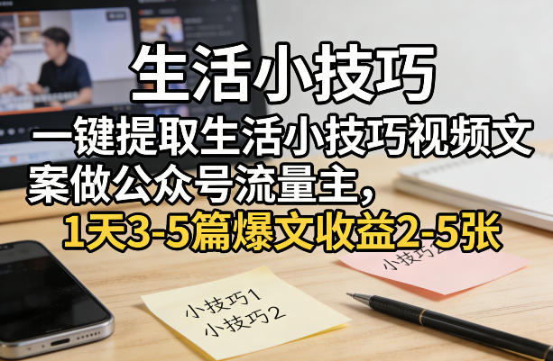 一键提取生活小技巧视频文案做公众号流量主，1天3-5篇爆文收益2-5张-吾爱云课堂