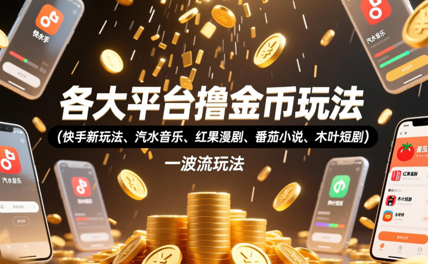 各大平台撸金币玩法(快手新玩法、汽水音乐、红果漫剧、番茄小说、木叶短剧)，一波流玩法(收费398元的教程)-吾爱云课堂