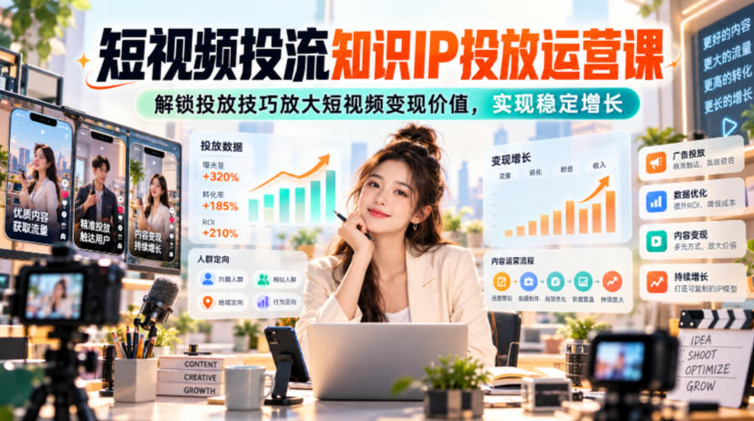 短视频投流知识IP投放运营课，解锁投放技巧放大短视频变现价值，实现稳定增长-吾爱云课堂