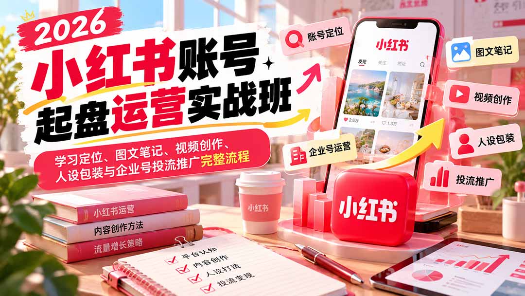 2026小红书账号起盘运营实战班：学习定位、图文笔记、视频创作、人设包装与企业号投流推广完整流程-吾爱云课堂