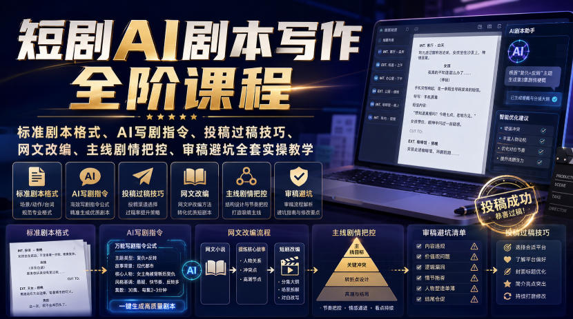 短剧AI剧本写作全阶课程｜标准剧本格式、AI写剧指令、投稿过稿技巧、网文改编、主线剧情把控、审稿避坑全套实操教学-吾爱云课堂