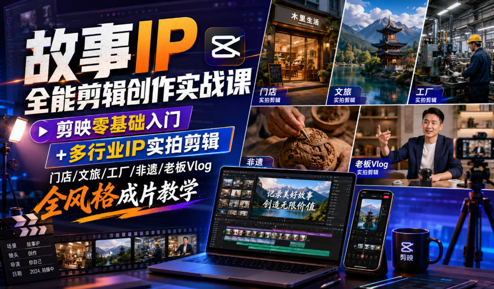 故事IP全能剪辑创作实战课｜剪映零基础入门+多行业IP实拍剪辑，门店/文旅/工厂/非遗/老板Vlog全风格成片教学-吾爱云课堂