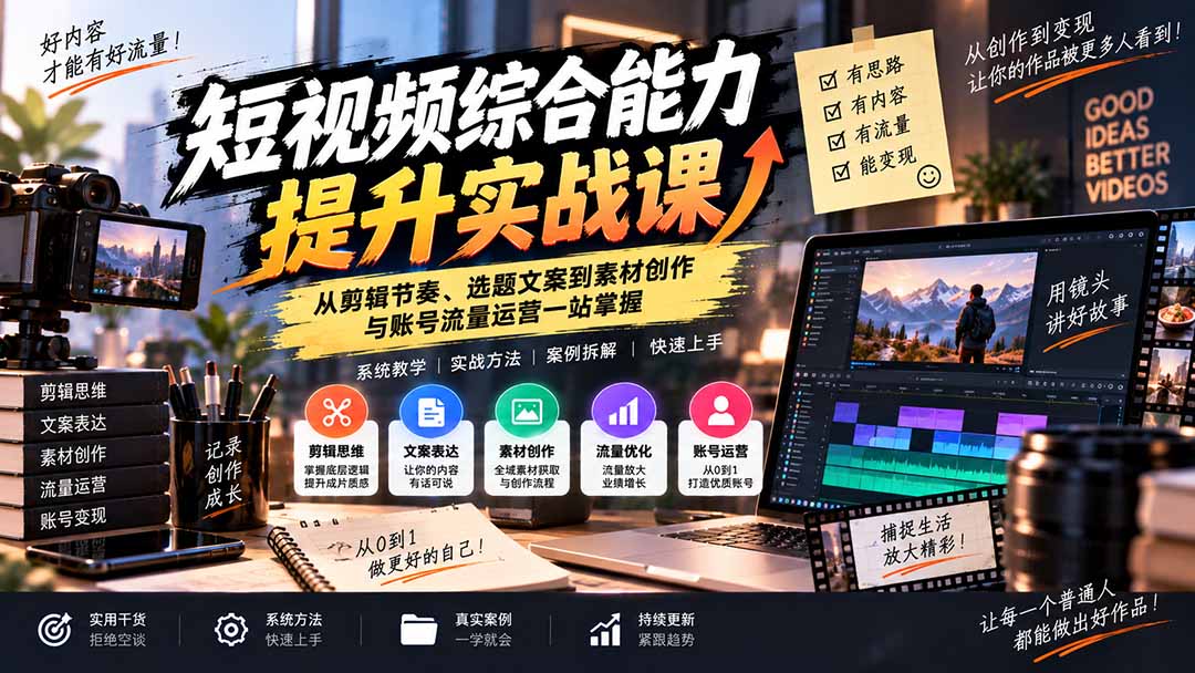 短视频综合能力提升实战课：从剪辑节奏、选题文案到素材创作与账号流量运营一站掌握-吾爱云课堂