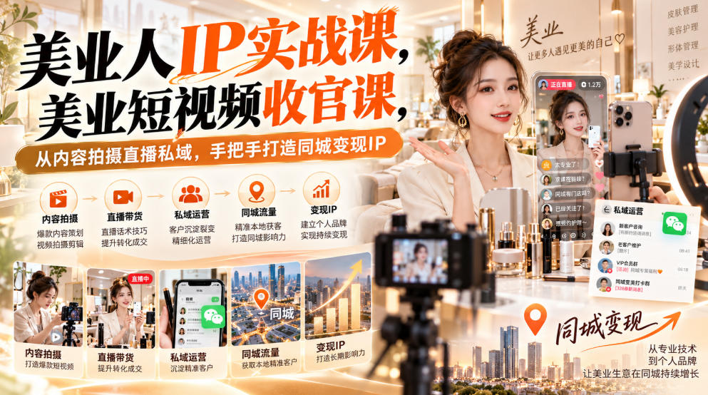 【无水印】美业人IP实战课，美业短视频收官课，从内容拍摄直播私域，手把手打造同城变现IP-吾爱云课堂