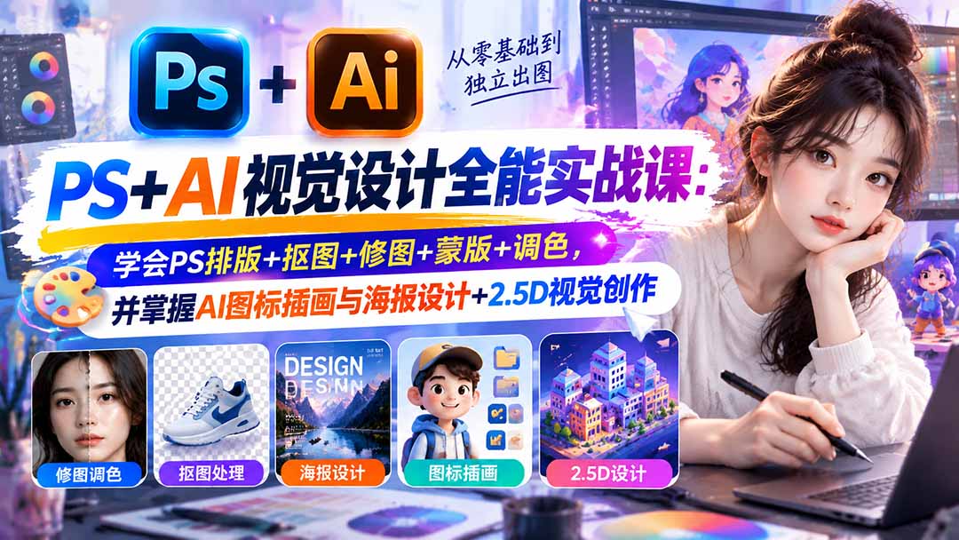 【无水印】PS+AI视觉设计全能实战课：学会PS排版+抠图+修图+蒙版+调色，并掌握AI图标插画与海报设计+2.5D视觉创作-吾爱云课堂