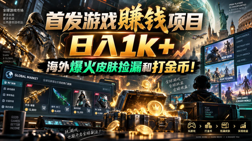 首发游戏賺钱项目，日入1k+，海外爆火皮肤捡漏和打金币！【揭秘】-吾爱云课堂