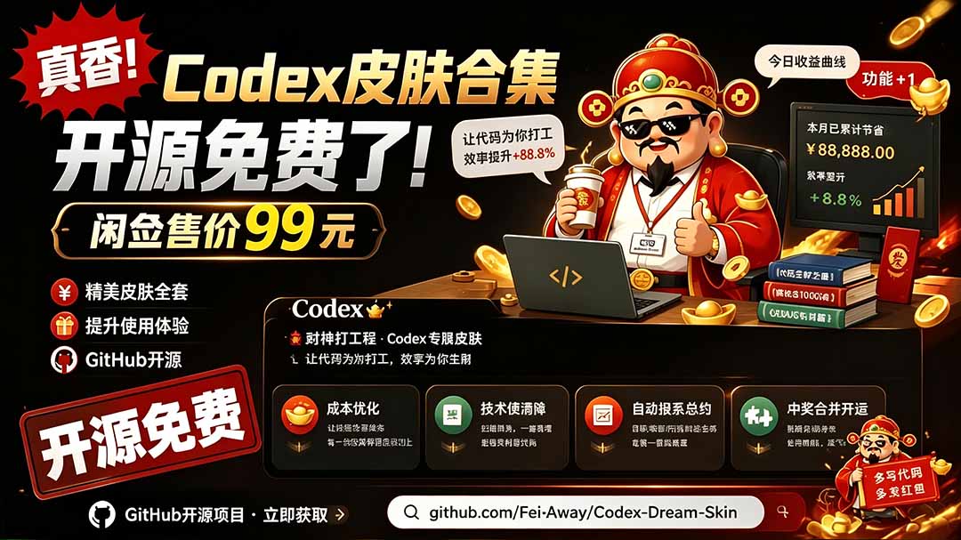 闲鱼售卖99元的Codex皮肤包,GitHub 免费开源了!让你的codex变成精美界面 Codex Dream Skin-吾爱云课堂