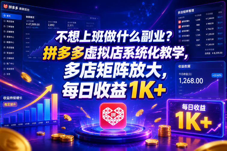 不想上班做什么副业？拼多多虚拟店系统化教学，多店矩阵放大，每日收益1K+【揭秘】-吾爱云课堂