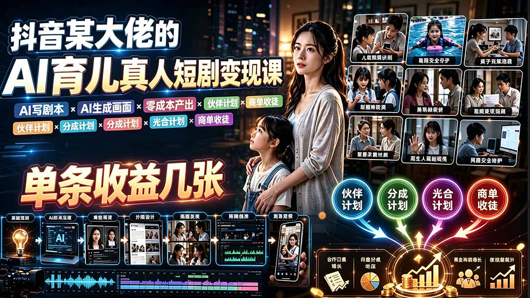 AI育儿真人短剧变现课:AI写剧本×AI生成画面×零成本产出×伙伴计划×分成计划×光合计划×商单收徒-吾爱云课堂
