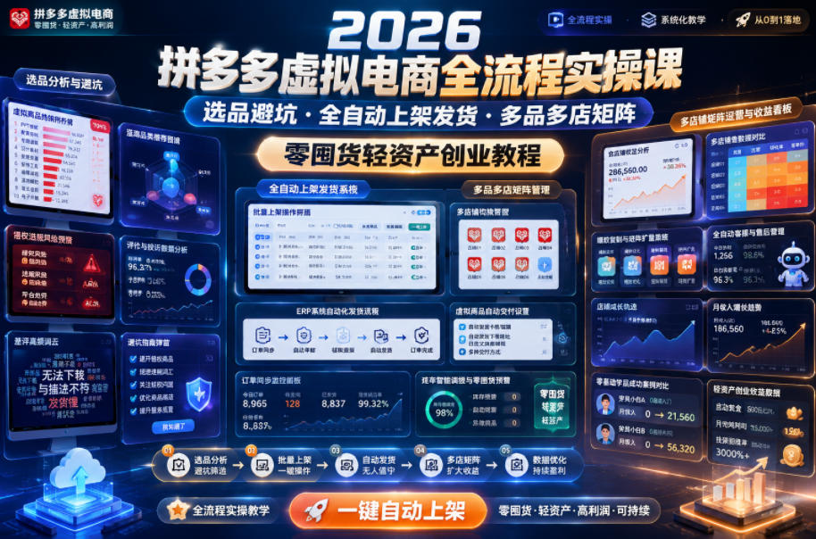 2026拼多多虚拟电商全流程实操课，选品避坑・全自动上架发货・多品多店矩阵，零囤货轻资产创业教程-吾爱云课堂