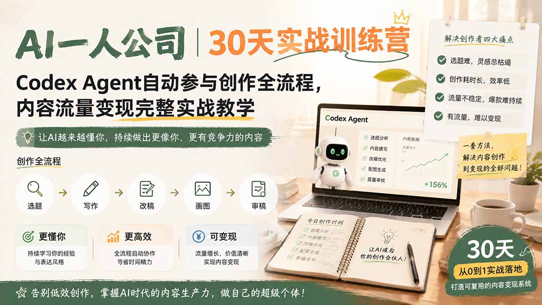 AI一人公司｜30天实战训练营；Codex Agent自动参与创作全流程，内容流量变现完整实战教学-吾爱云课堂