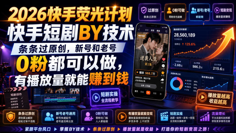 2026快手荧光计划，快手短剧搬运技术，条条过原创，新号和老号0粉都可以做，有播放量就能賺到钱-吾爱云课堂