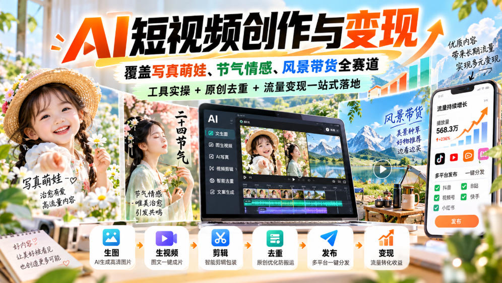 AI短视频创作与变现，覆盖写真萌娃、节气情感、风景带货全赛道，工具实操+原创去重+流量变现一站式落地-吾爱云课堂