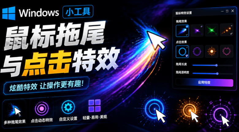 Windows特效小工具！一键给你的鼠标添加拖尾与点击动态特效，吾爱出品，免费使用Mouse Trail-吾爱云课堂