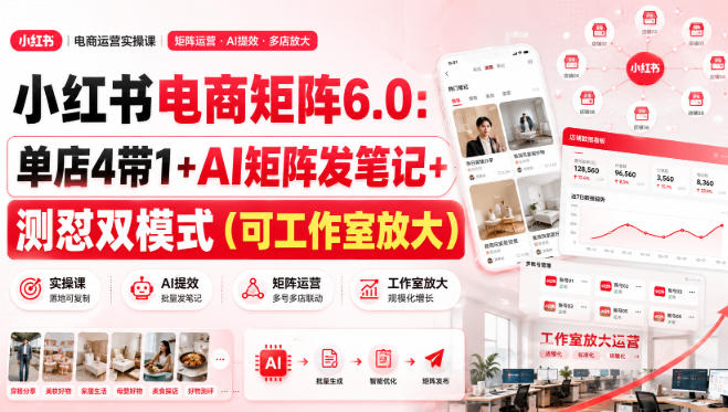 小红书电商矩阵6.0：单店4带1+AI矩阵发笔记+测怼双模式(可工作室放大)-吾爱云课堂