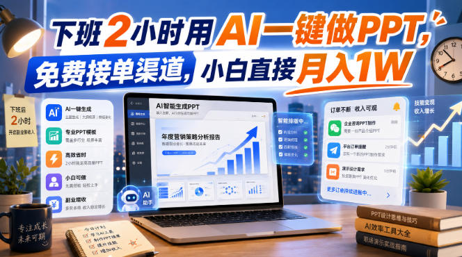 下班2小时用AI一键做PPT，免费接单渠道，小白直接月入1W【揭秘】-吾爱云课堂