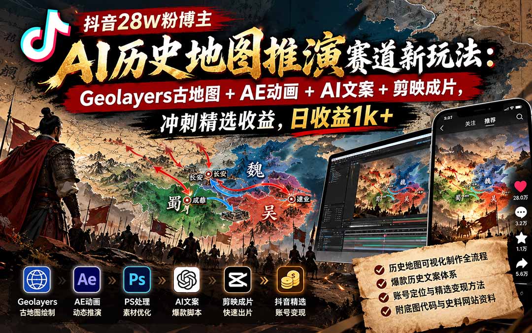 抖音28W粉博主AI历史地图推演赛道新玩法：Geolayers古地图+AE动画+AI文案+剪映成片，冲刺精选收益，日收益1k+-吾爱云课堂