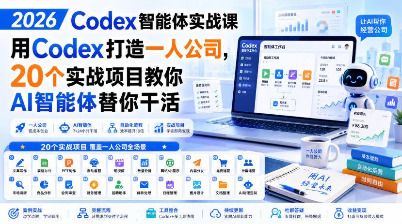 2026 Codex智能体实战课，用Codex打造一人公司，20个实战项目教你AI智能体替你干活-吾爱云课堂