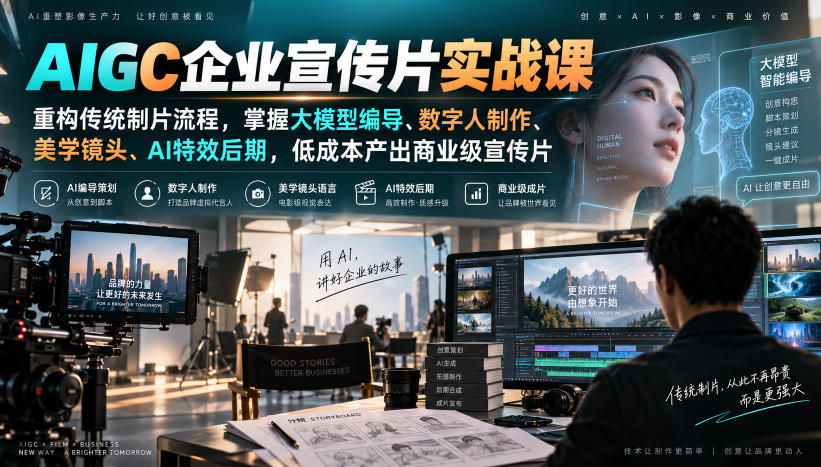 AIGC企业宣传片实战课，重构传统制片流程，掌握大模型编导、数字人制作、美学镜头、AI特效后期，低成本产出商业级宣传片-吾爱云课堂