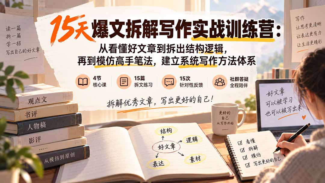 15天爆文拆解写作实战训练营：从看懂好文章到拆出结构逻辑，再到模仿高手笔法，建立系统写作方法体系-吾爱云课堂