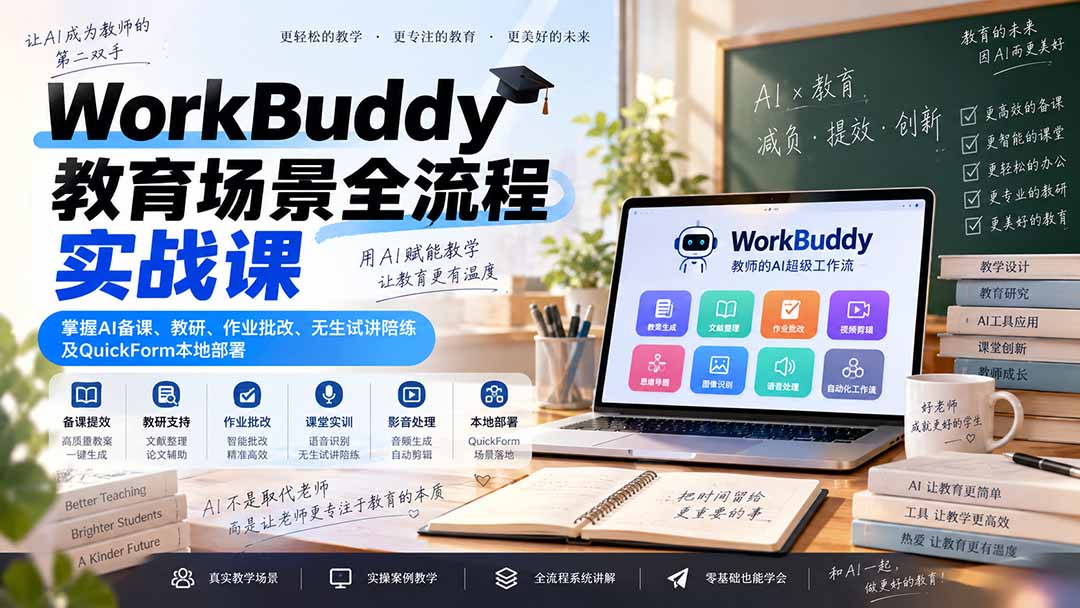 WorkBuddy教育场景全流程实战课：掌握AI备课、教研、作业批改、无生试讲陪练及QuickForm本地部署-吾爱云课堂