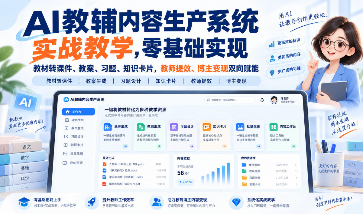 AI教辅内容生产系统实战教学，零基础实现教材转课件、教案、习题、知识卡片，教师提效、博主变现双向赋能-吾爱云课堂