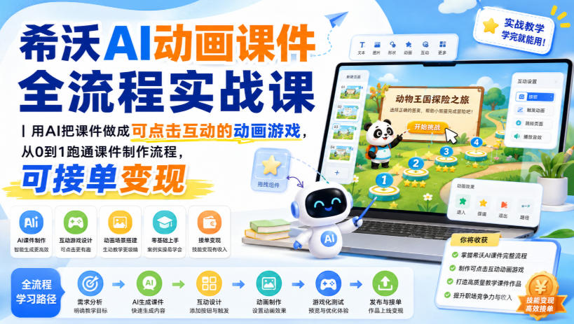 希沃AI动画课件全流程实战课｜用AI把课件做成可点击互动的动画游戏，从0到1跑通课件制作流程，可接单变现-吾爱云课堂