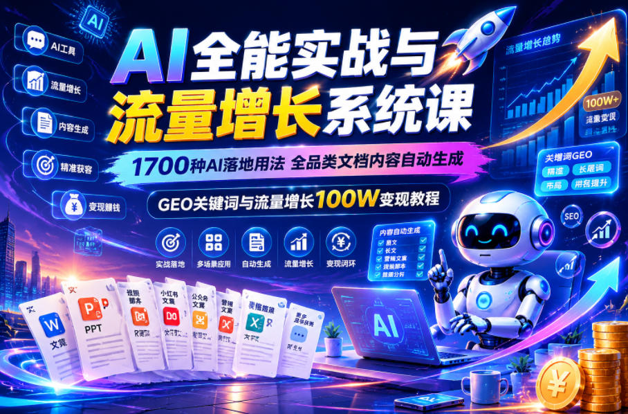 AI全能实战与流量增长系统课，1700种AI落地用法，全品类文档内容自动生成，GEO关键词与流量增长100W变现教程-吾爱云课堂