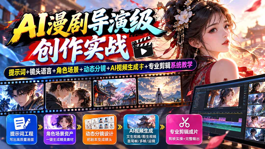 AI漫剧导演级创作实战：提示词+镜头语言+角色场景+动态分镜+AI视频生成+专业剪辑系统教学-吾爱云课堂