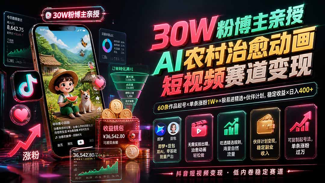 30W粉博主亲授AI农村治愈动画短视频赛道变现：60条作品起号×单条涨粉1W+×极易进精选+伙伴计划，稳定收益×日入400+-吾爱云课堂